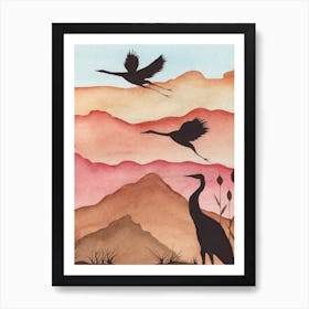 Mountains & Crane Birds Art Print