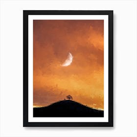 Lonely Tree On The Hill Sunset Moon Oil Painting Landscape Art Print