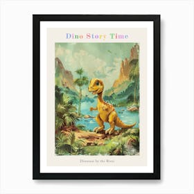 Vintage Cute Dinosaur By The River Painting Poster Art Print