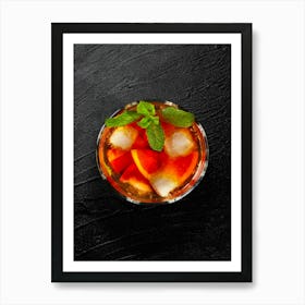 Rum cocktail with lime, orange, ice cubes and mint — Food kitchen poster/blackboard, photo art Art Print