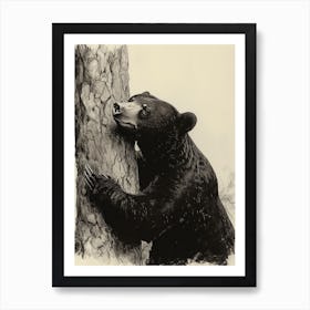 Malayan Sun Bear Scratching Its Back Against A Tree Ink Illustration 3 Art Print