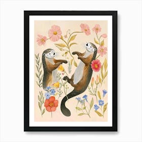 Folksy Floral Animal Drawing Otter 2 Art Print