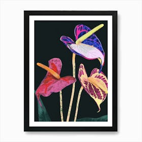 Neon Flowers On Black Flamingo Flower 3 Art Print