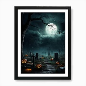 Art Landscape Pumpkin Holiday Design Halloween Fear Moon Skittish Green Grave Dark Scene (19) Art Print