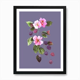 Vintage Purple Blackberry Fruit and Flowers Watercolour on Purple Background Art Print