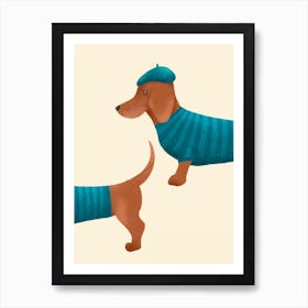 Cute Blue Brown Sausage Dog Dachshund Art Print
