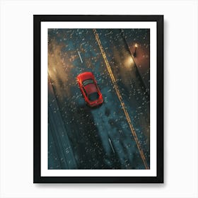 Red Sports Car Driving In The Rain 1 Art Print