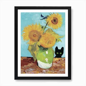 Vase With Three Sunflowers With A Black Cat, Van Gogh Inspired  Art Print