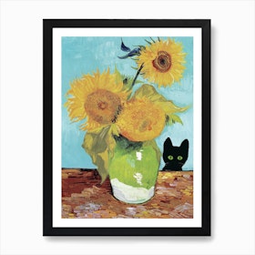 Vase With Three Sunflowers With A Black Cat, Van Gogh Inspired  Art Print