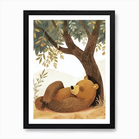 Brown Bear Laying Under A Tree Storybook Illustration 2 Art Print