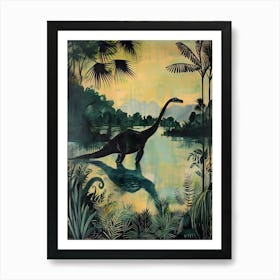 Dinosaur With Tropical Leaves Silhouette Painting Art Print
