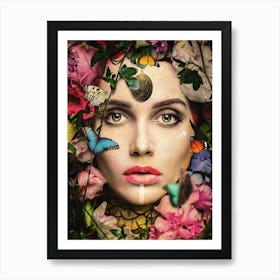 Woman With Butterflies And Flowers Art Print