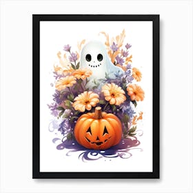 Cute Ghost With Pumpkins Halloween Watercolour 70 Art Print