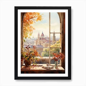 Window View Of Budapest Hungary In Autumn Fall, Watercolour 2 Art Print