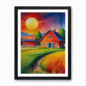 Red Barn At Sunset Art Print