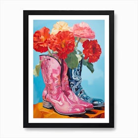 Oil Painting Of Pink And Red Flowers And Cowboy Boots, Oil Style 12 Art Print