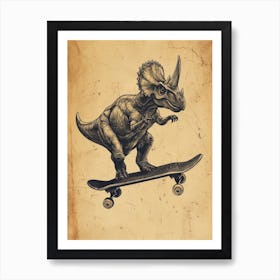 Vintage Triceratops Dinosaur On A Skateboard  3 Art Print