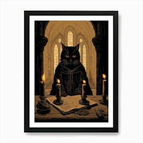 A Spooky Black Cat In A Church Reading A Text 2 Art Print