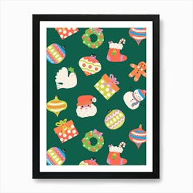 Scattered Christmas Icons, Ornaments, and Gifts on Pine Needle Green Art Print