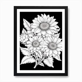 Sunflowers In Black And White Line Art 1 Art Print