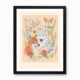 Folksy Floral Animal Drawing Wolf 2 Poster Art Print