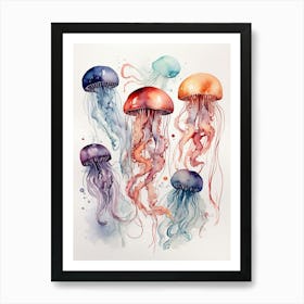 Watercolor Marine Jellyfishes Art Print 3 Art Print