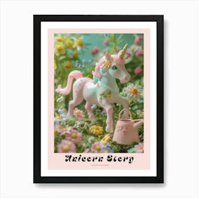 Toy Unicorn In The Garden Pastel Flowers Poster Art Print