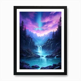 Waterfalls In The Mountains - Pink and Blue Art Print