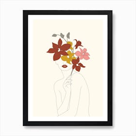 Colorful Thoughts Minimal Line Art Woman With Orchids Art Print