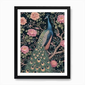 Navy Blue & Pink Flower Peacock Art Print