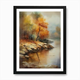 Autumn Lake,Forest Lake, Vintage Oil Painting, Farmhouse Wall Decorations, Antique Landscape, Vintage Landscape Oil Painting.5 1 Art Print