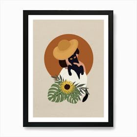 Minimal art beautiful Woman Holding A Cat Art Print