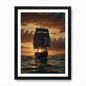 Sailing Ship At Sunset Art Print