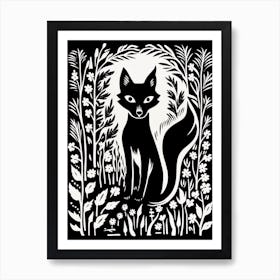 Fox In The Forest Linocut Illustration 1  Art Print