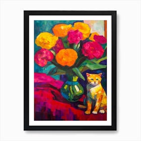 Ranunculus With A Cat 3 Fauvist Style Painting Art Print