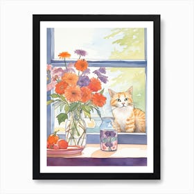 Cat With Zinnia Flowers Watercolor Mothers Day Valentines 1 Art Print