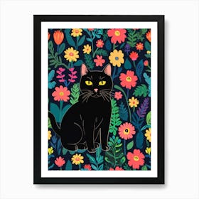 Black Cat With Flowers 1 Art Print