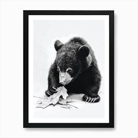 Malayan Sun Bear Cub Playing With A Fallen Leaf Ink Illustration 1 Art Print