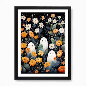 Cute Bedsheet Ghost, Botanical Halloween Watercolour 19 Art Print
