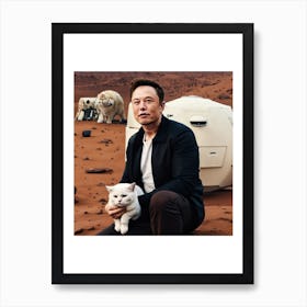 Elon musk holding a white cat with some blonde fur in mars Art Print