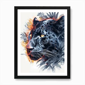 Double Exposure Realistic Black Panther With Jungle 30 Art Print