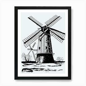 Windmill Drawing Structure Old Vintage Netherlands Medieval Woodcut Etching Art Print