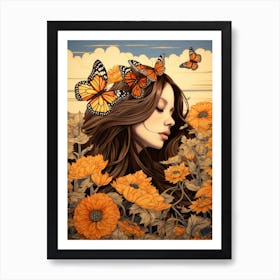 Butterfly Woman With Flowers Art Print