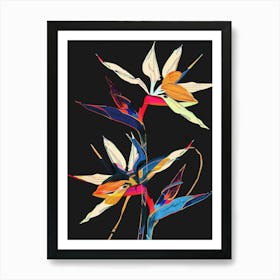 Neon Flowers On Black Bird Of Paradise 3 Art Print