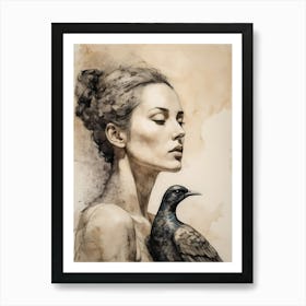 Woman Portrait With A Bird Painting (8) Art Print