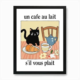 French Cafe Au Lait Black Cat Print Retro Drink Poster Kitchen Coffee Posters Un Cafe Sil Vous Plait Art Print