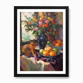 Flower Vase Heather With A Cat 3 Impressionism, Cezanne Style Art Print