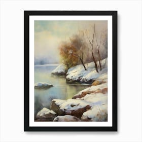 Ancient landscapes, old winter oil paintings and rocks around the lake bank. Snow is falling on the lake, old colors.14 Art Print