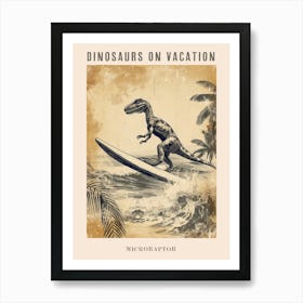 Vintage Microraptor Dinosaur On A Surf Board 1 Poster Art Print