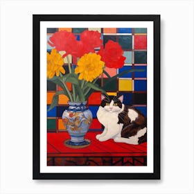 Peony With A Cat 4 De Stijl Style Mondrian Art Print